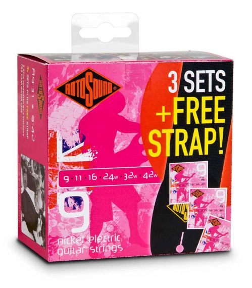 Rotosound R 9 Roto Pinks electric guitar strings 9-42 (3-pack + strap)