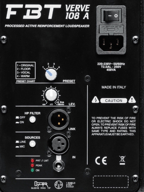 FBT Verve 108A kolumna aktywna;  Bi-amped: 400W RMS LF + 100W RMS HF