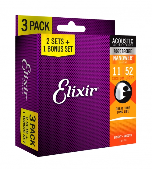 Elixir 16538 Bronze Custom Light NW acoustic guitar strings 11-53 (3-pack)