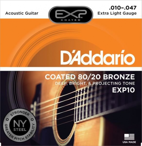 D′Addario EXP10 Coated 80/20 Bronze, Extra Light, 10-47 Electric Guitar Strings