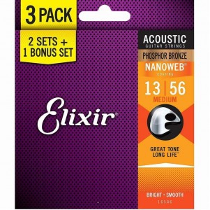 Elixir 16546 Phosphor Bronze NW acoustic guitar strings 13-56, 3-pack