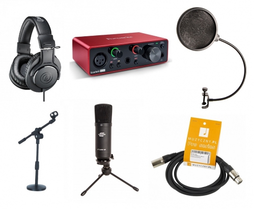 Crono Studio 101 XLR BK RP3 - Recording Pack 3 - Zestaw Studyjny - Komplet, mikrofon wielkomembranowy + koszyk + pop filtr + 2 rodzaje statyww + interfejs USB + przewd XLR + headphones
