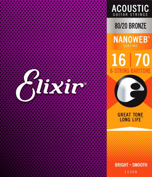 Elixir 11308 Nanoweb 80/20 Bronze 8-String Baritone Acoustic Guitar Strings