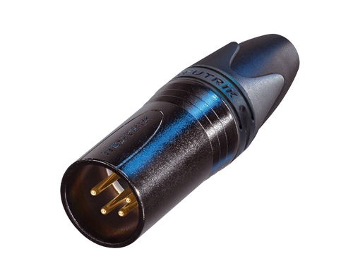 Neutrik NC4MXX-B 4 pole male cable connector with black metal housing and gold contacts.