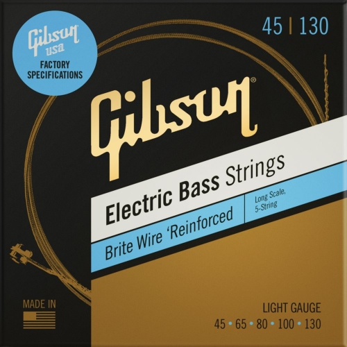 Gibson SBG5-LSL Long Scale Brite Wire Electric Bass Strings, 5-String, Roundwound bass guitar strings 45-130