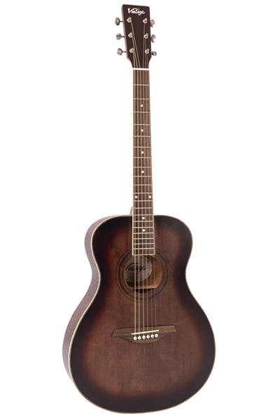 Vintage V300AQ acoustic guitar, solid top, Antiqued