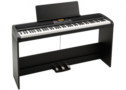 Korg XE 20 SP digital ensemble piano together with a highly stable stand and a three-pedal unit 