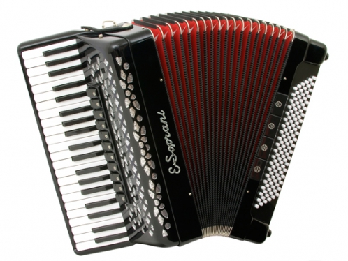 E.Soprani 124 KC 41/4/11+M 120/5/4 Musette accordion (black, red bellow)