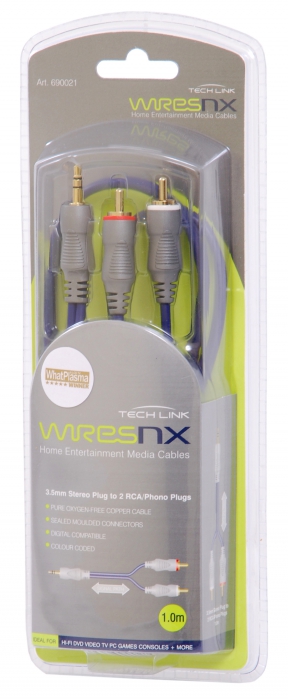 Techlink 690021 Cable 3.5mm Stereo Jack - 2 x RCA 1m