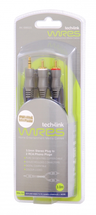 Techlink 690023 Cable 3.5mm Stereo Jack - 2 x RCA 3m