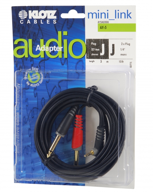 Klotz AY5-A0300 Angled Mini Jack Plug - 2x Straight Jack Plug Cable (3 m)
