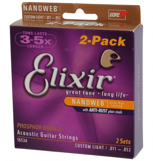 Elixir 16534 Nanoweb Coated Phosphor Bronze Custom Light Acoustic Guitar Strings (11-52) 2pack Elixir 16534 Nanoweb Coated Phosphor Bronze Custom Light Acoustic Guitar Strings (11-52) 2pack