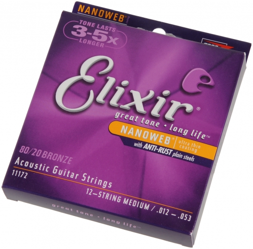 Elixir 11172 Nanoweb Medium 12-String Acoustic Guitar Strings (12-53)